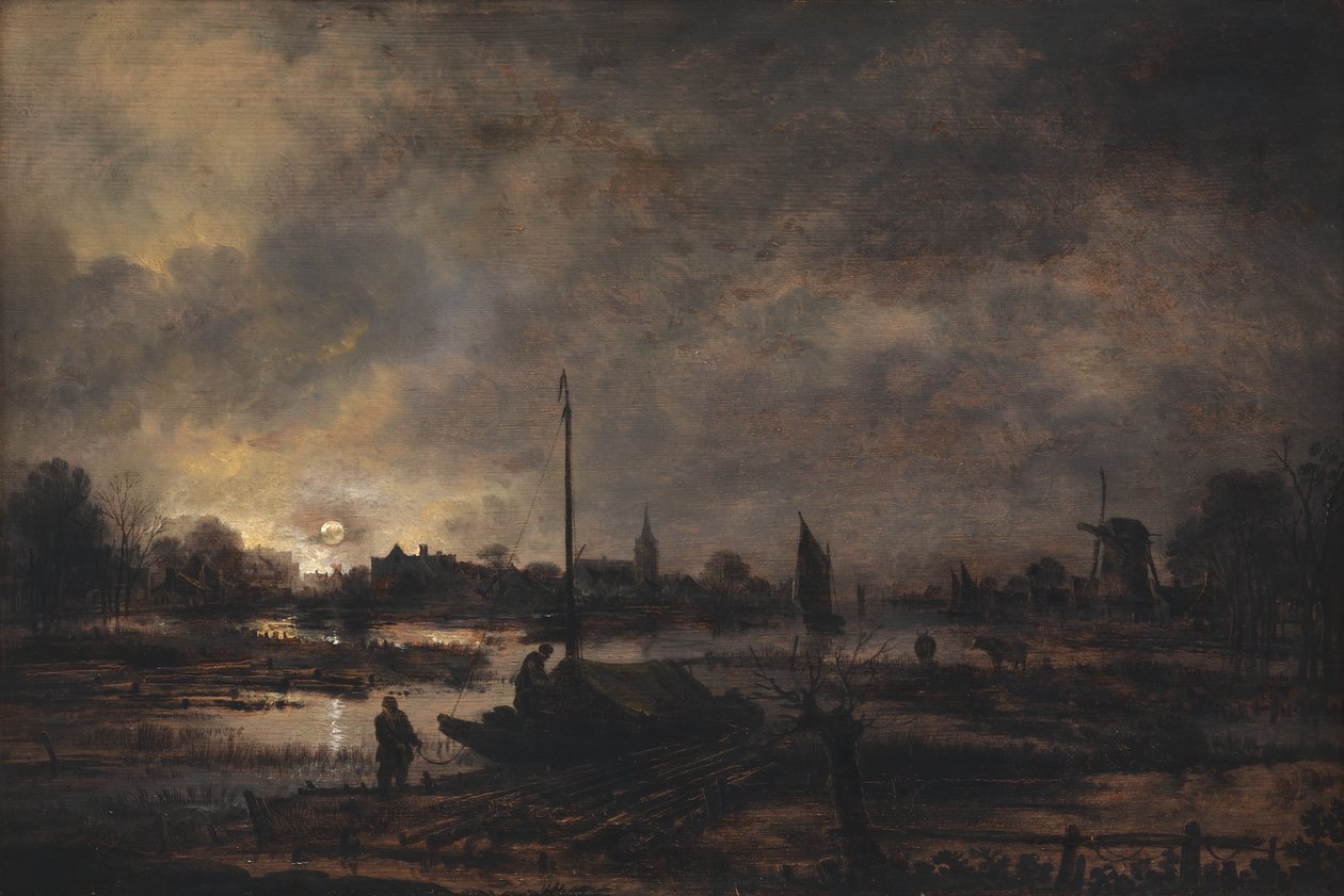Månen stiger over en landsby af Aert van der Neer