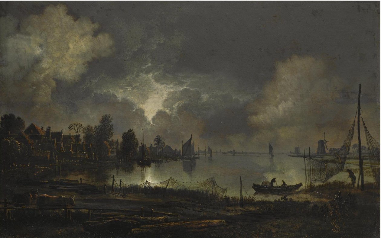 Udsigt over en by ved søen i måneskin med net, der hænger til tørre af Aert van der Neer