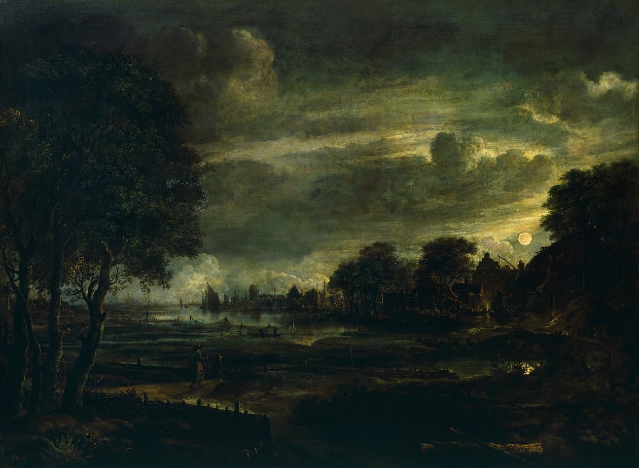 Landsby i måneskin, af Aert van der Neer (1603-1677) af Aert van der Neer