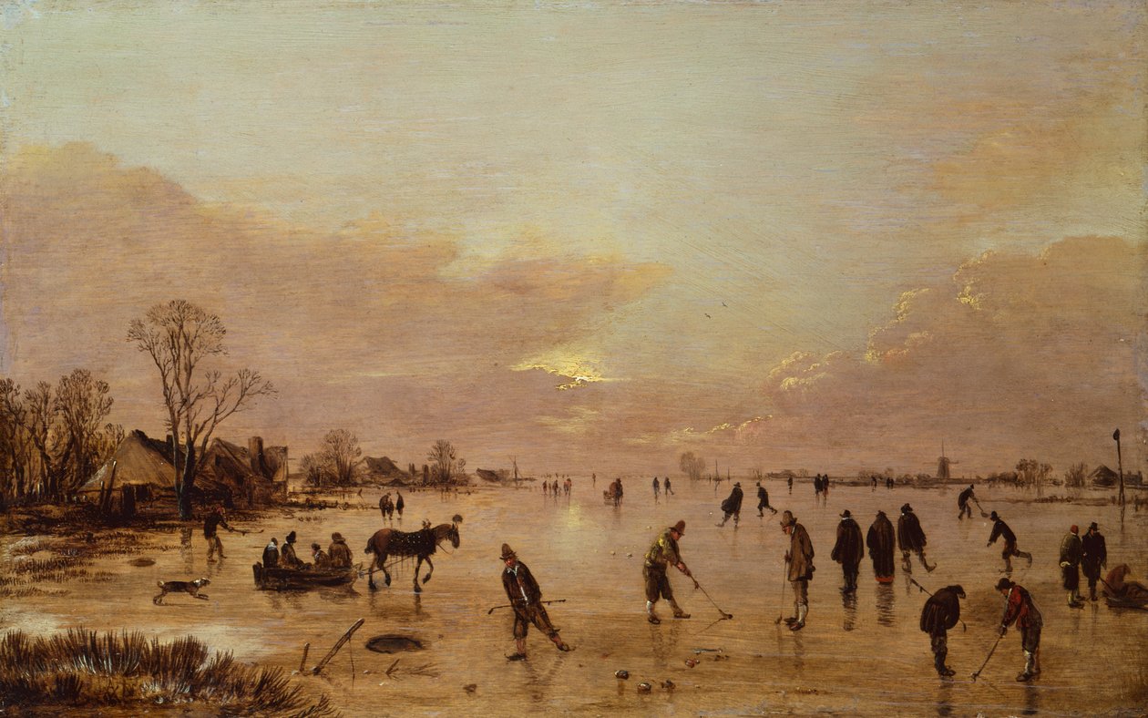 Vinterlandskab ved solnedgang (olie på lærred) af Aert van der Neer