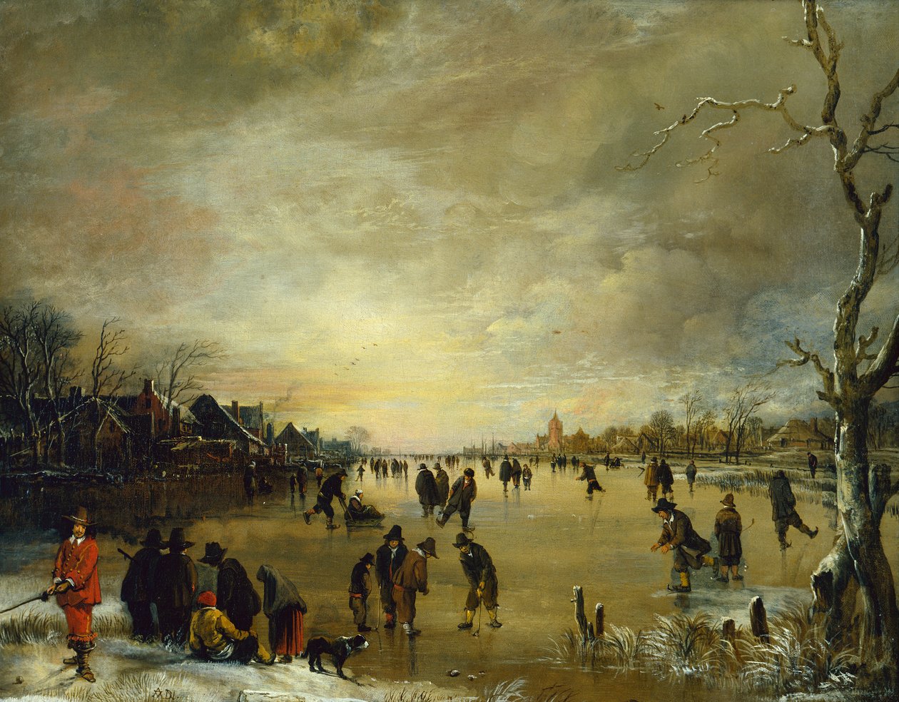 Vinterlandskab ved solnedgang med folk, der spiller golf og skating (olie på lærred) af Aert van der Neer