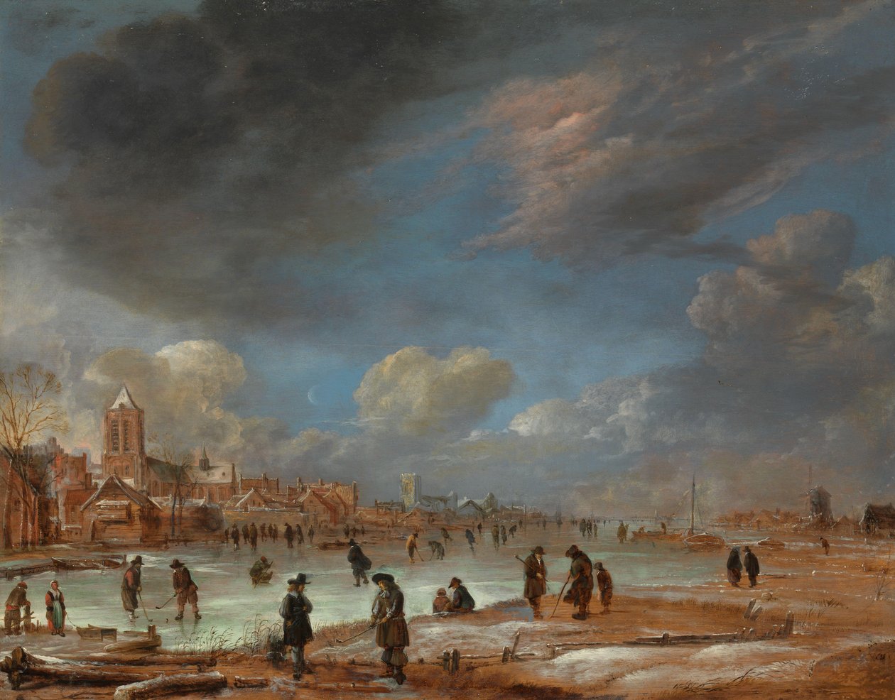 Vinterlandskab nær en by med Kolf-spillere af Aert van der Neer