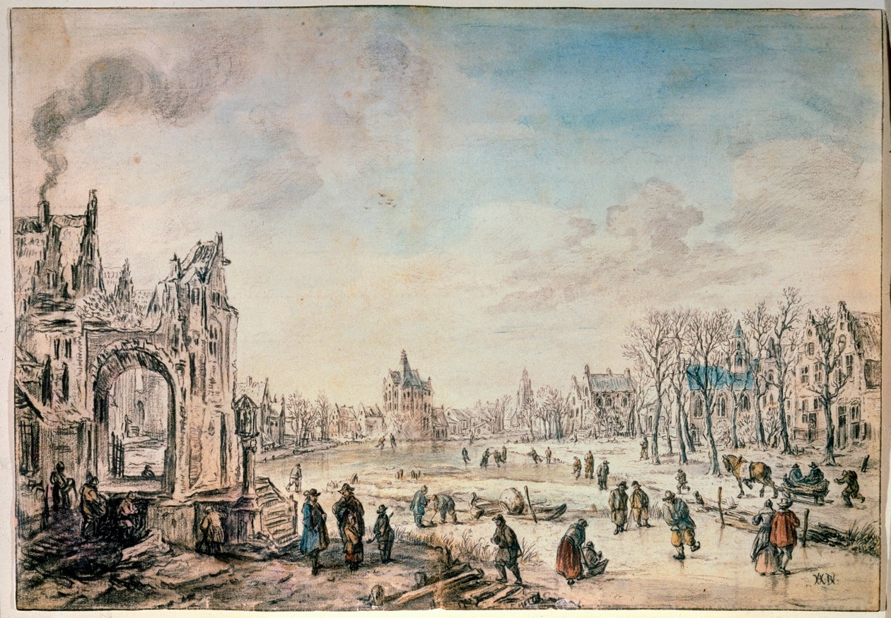 Vinterlandskab med skatere, hollandsk maleri fra 1600-tallet af Aert van der Neer