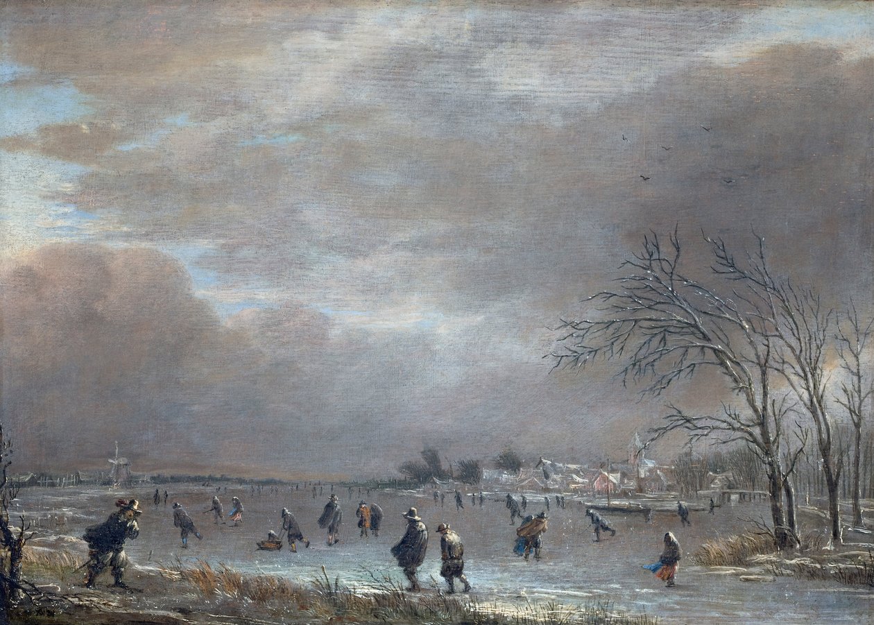 Vinterlandskab med skatere på en frossen flod (olie på panel) af Aert van der Neer