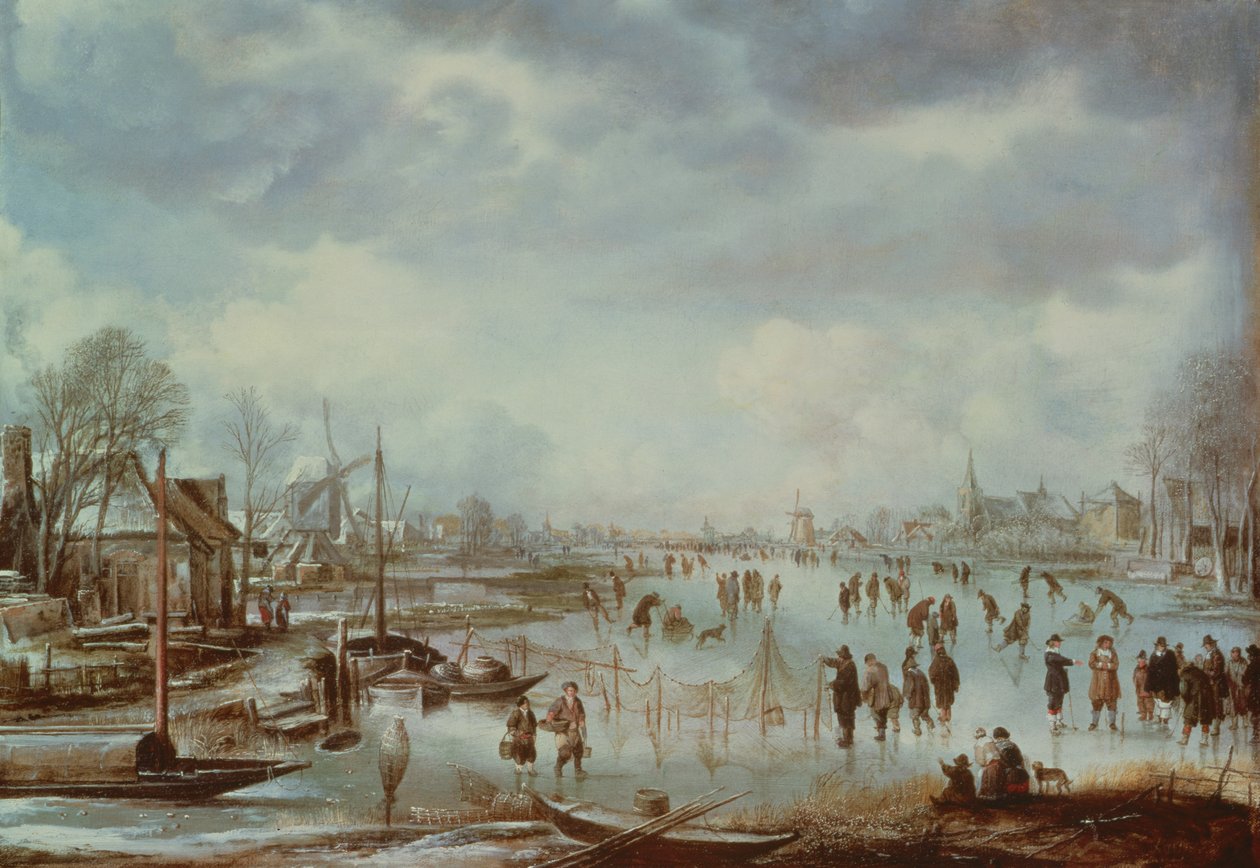 Vinterscene med kunstskøjteløb af Aert van der Neer