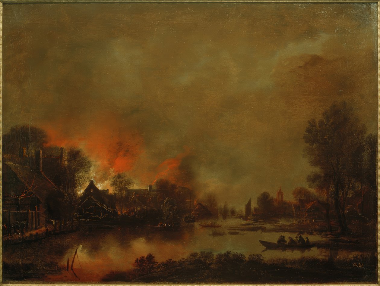 Natligt kanallandskab med bål i en landsby af Aert van der Neer der Ältere