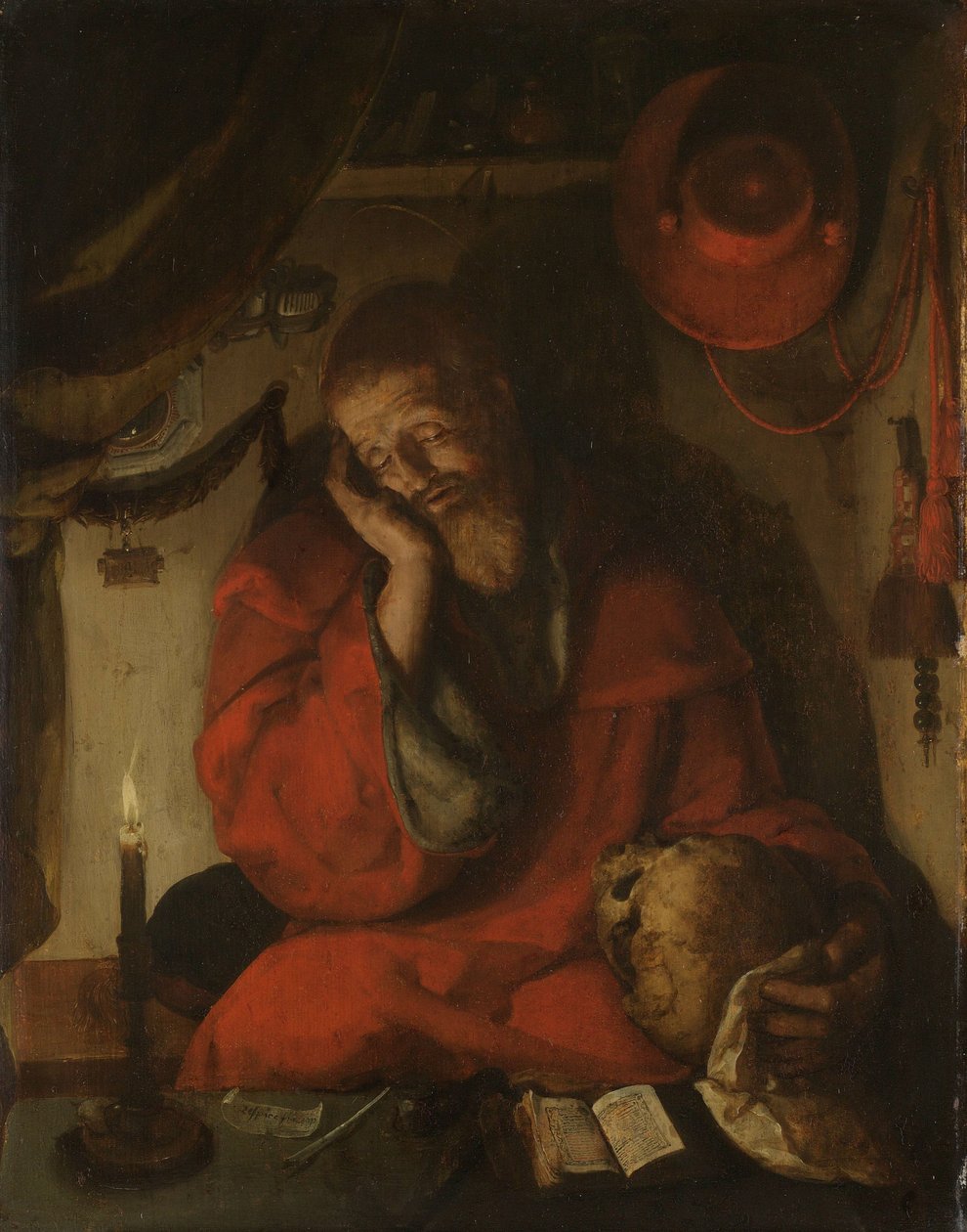 Sankt Hieronymus i hans studie ved stearinlys af Aertgen Claesz van Leyden (attributed to)