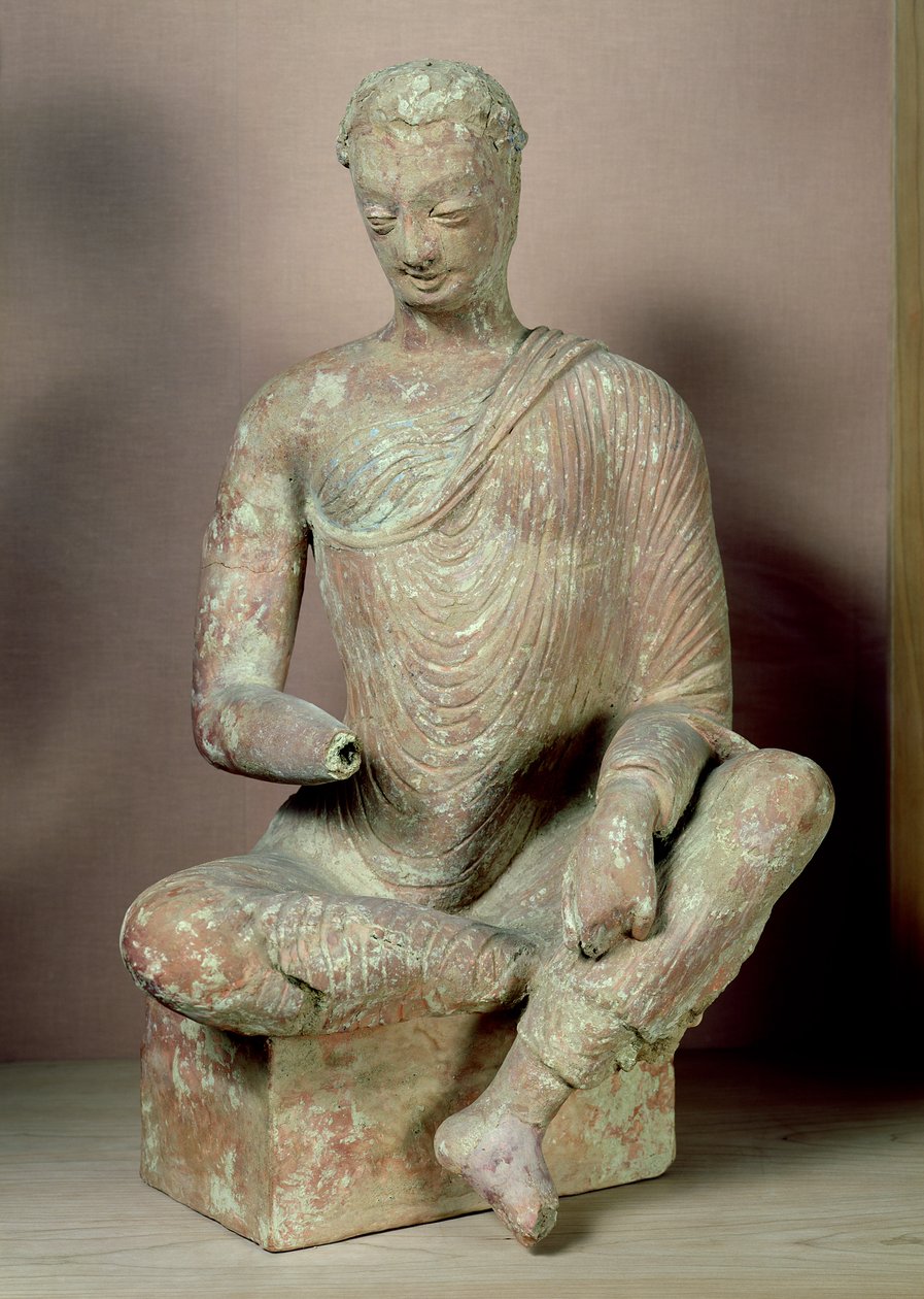 Buddha siddende i meditation, fra Fondukistan, 7.-8. århundrede (terracotta) af Afghan School