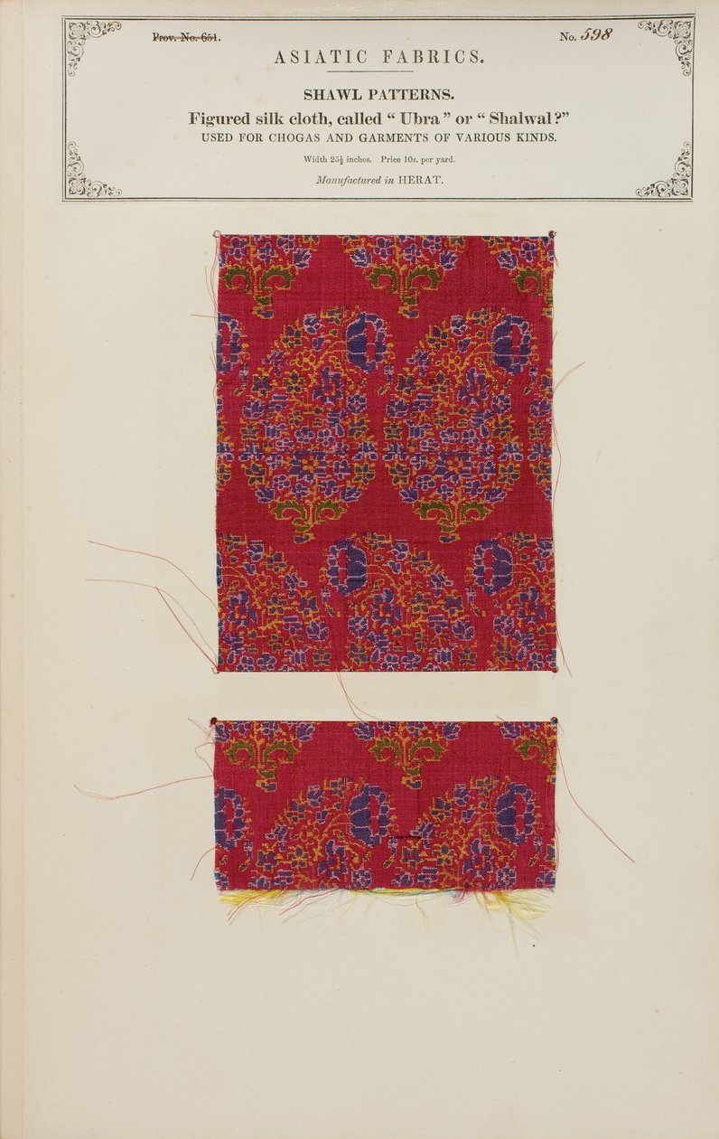 Figureret silkestofprøve lavet i Herat, fra The Collection of the Textile Manufacturers of India, af John Forbes Watson, udgivet i 1866 af Afghan School