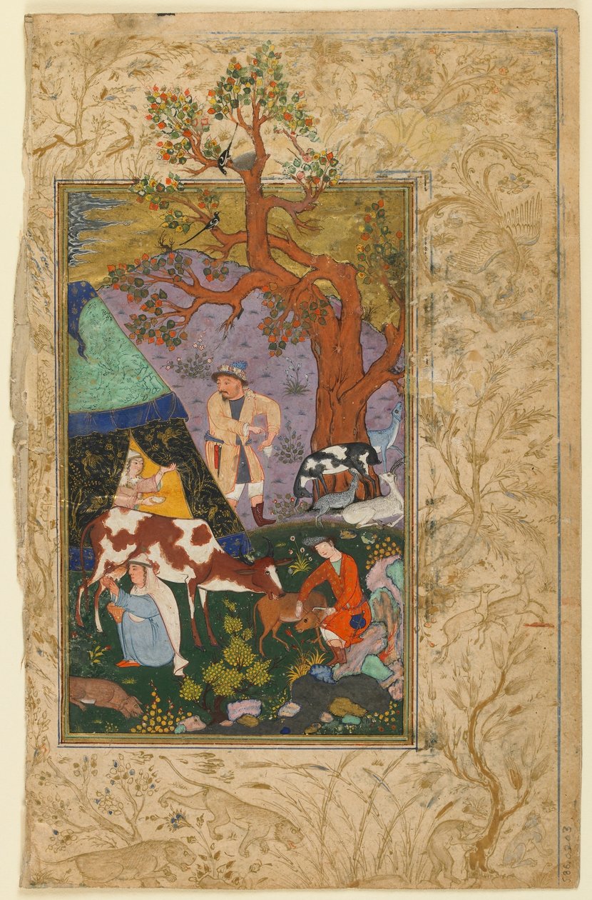 Folio fra en Divan (samlede digte) af Awhadi; bagside: An Encampment, Herat, Afghanistan, 1615-16 (ugennemsigtig akvarel, blæk og guld på papir) af Afghan School
