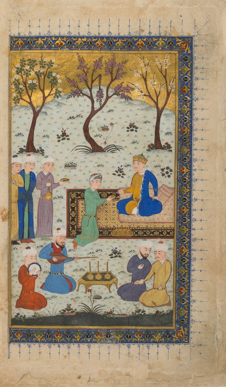 Folio fra en uidentificeret tekst; verso: A Prince Enthroned Surrounded by Attendants, Herat, Afghanistan, ca. 1425-30 (ugennemsigtig akvarel, blæk og guld på papir) af Afghan School