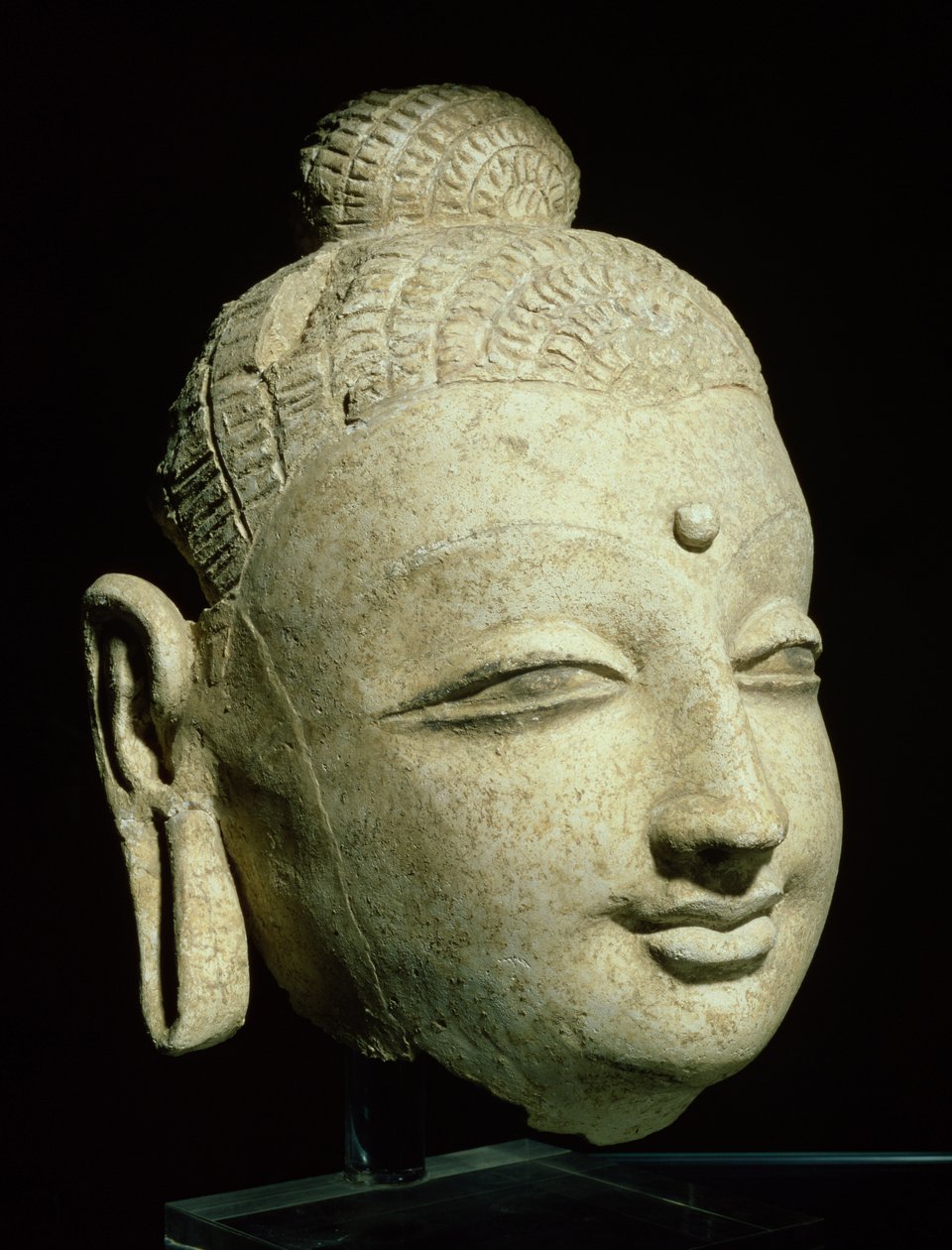 Hoved af en smilende Buddha, græsk-buddhistisk stil, fra Afghanistan, 1.-4. århundrede (stuk) af Afghan School