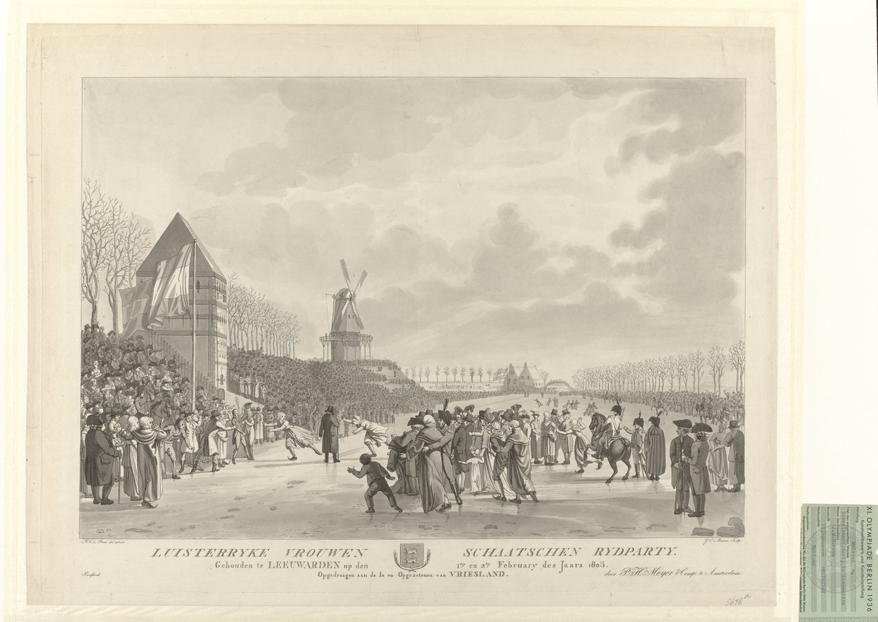 Short -track skøjteløbskonkurrence i 1805 i Leeuwarden nær Vrouwenwaterpoort med en vindmølle derude. Vinder blev Trijntje Pieters Westra af After Aldert Jacobs van der Poort  