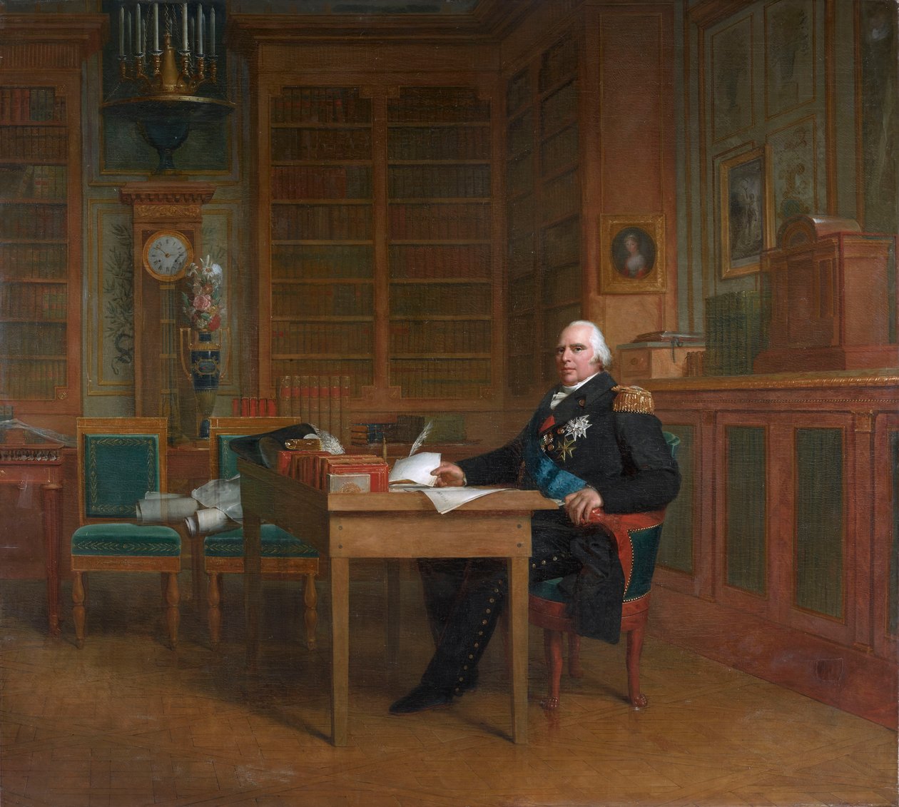 Kong Louis XVIII mediterer over chartret, siddende ved sit skrivebord i Tuileries Palace af After François Gérard