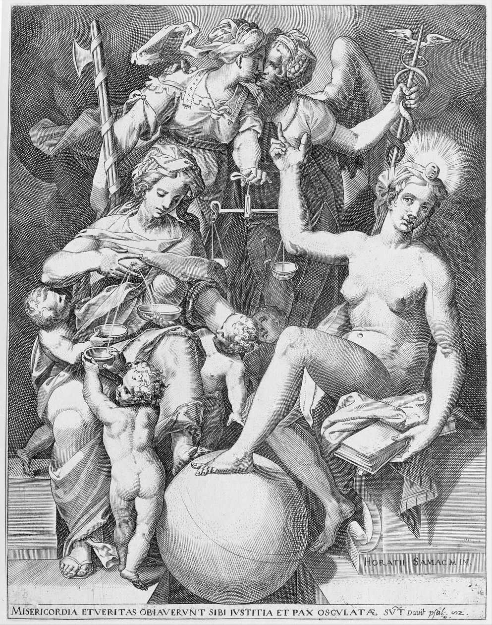 Allegori af Davids Salme, Misericordia siddende til venstre og bespist fire børn med..., 1579. af After Agostino Carracci.