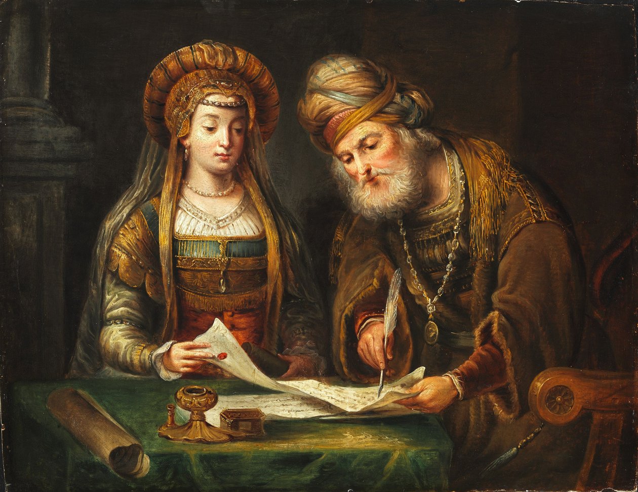 Esther og Mordecai af After Arent de Gelder