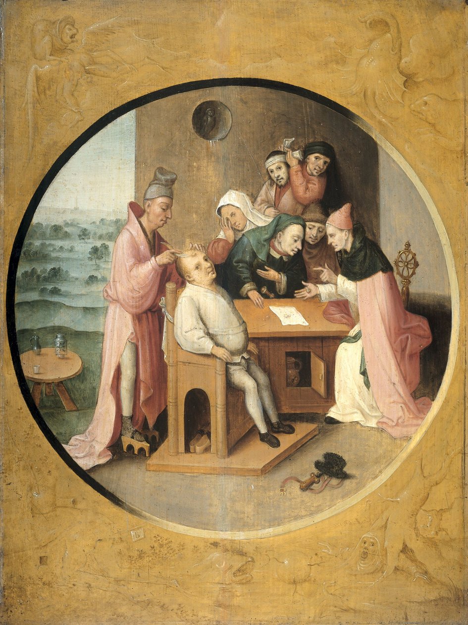 Fjernelse af klipperne i hovedet, ca. 1550-1600 af After Hieronymus Bosch