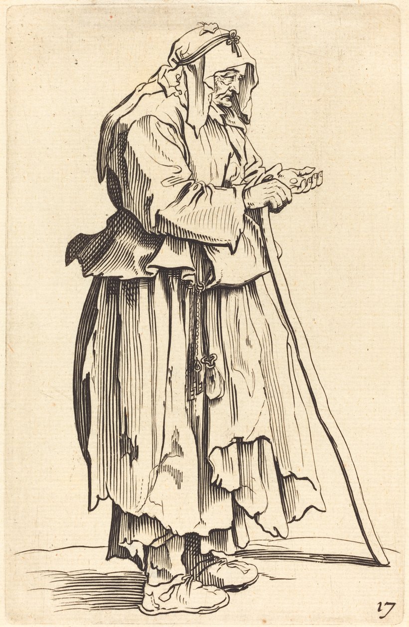 Tiggerkvinde modtager velgørenhed af After Jacques Callot
