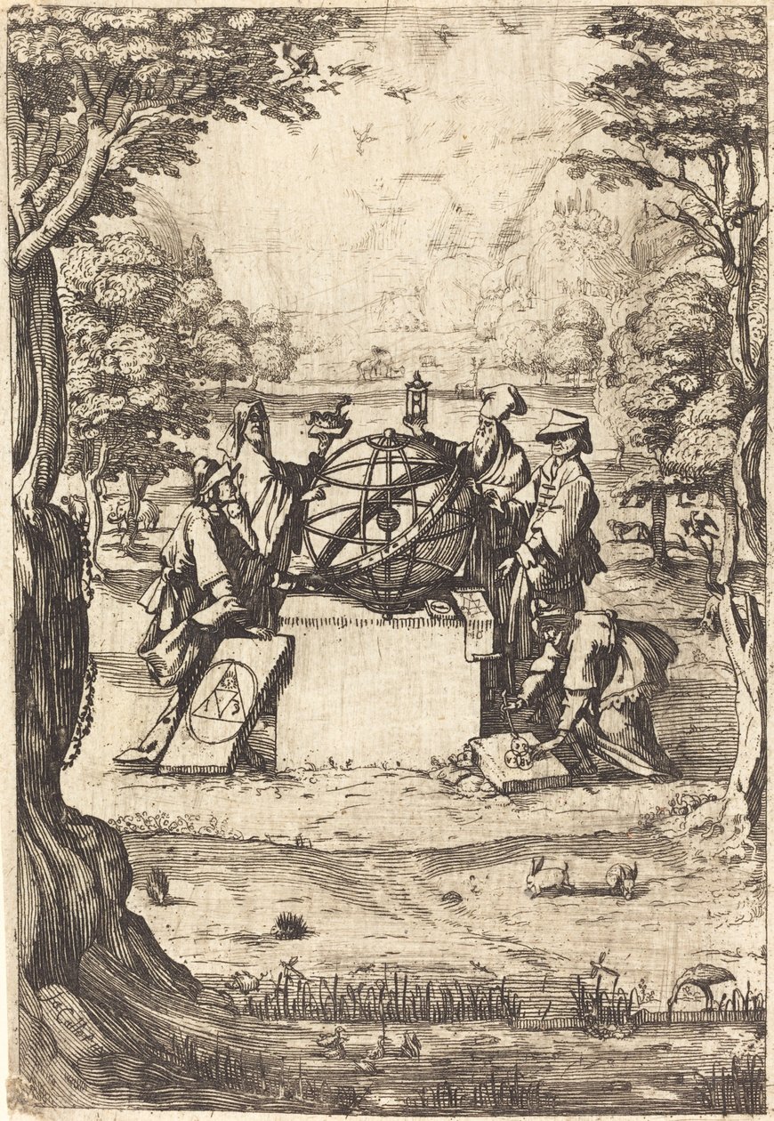 Frontispice for den hellige kosmologi (titel med astrologer) af After Jacques Callot