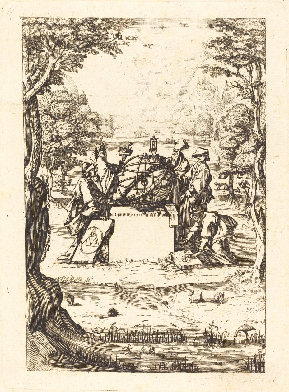 Frontispice for the Sacred Cosmologia (Titel med astrologer) af After Jacques Callot