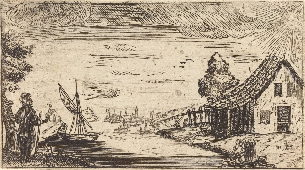 Landskab med figur og båd af After Jacques Callot