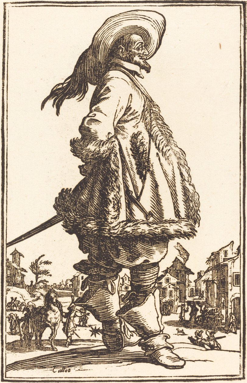 Ædel mand med kappe trimmet i pels, holder hænderne bag ryggen af After Jacques Callot