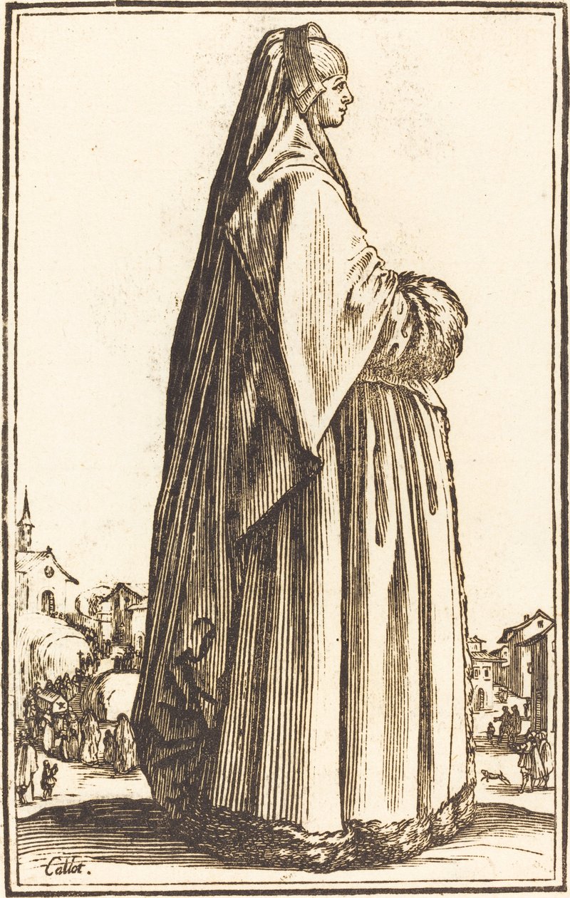 Ædel kvinde iført slør og kjole trimmet i pels af After Jacques Callot