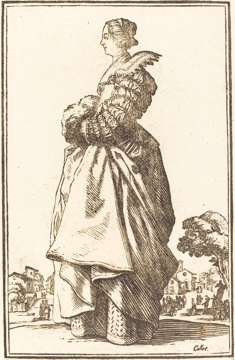Ædel kvinde i profil med hænderne i en muffe af After Jacques Callot