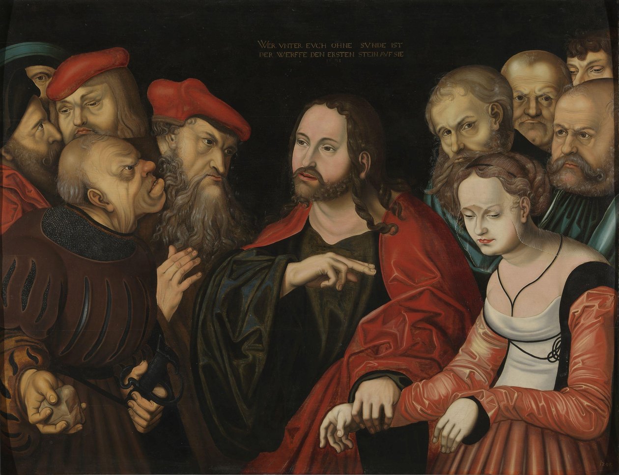 Norsk bokmål:  Kristus og ægteskabsbrydersken Kristus og kvinden, der blev taget i ægteskabsbrud af after Lucas Cranach the Elder