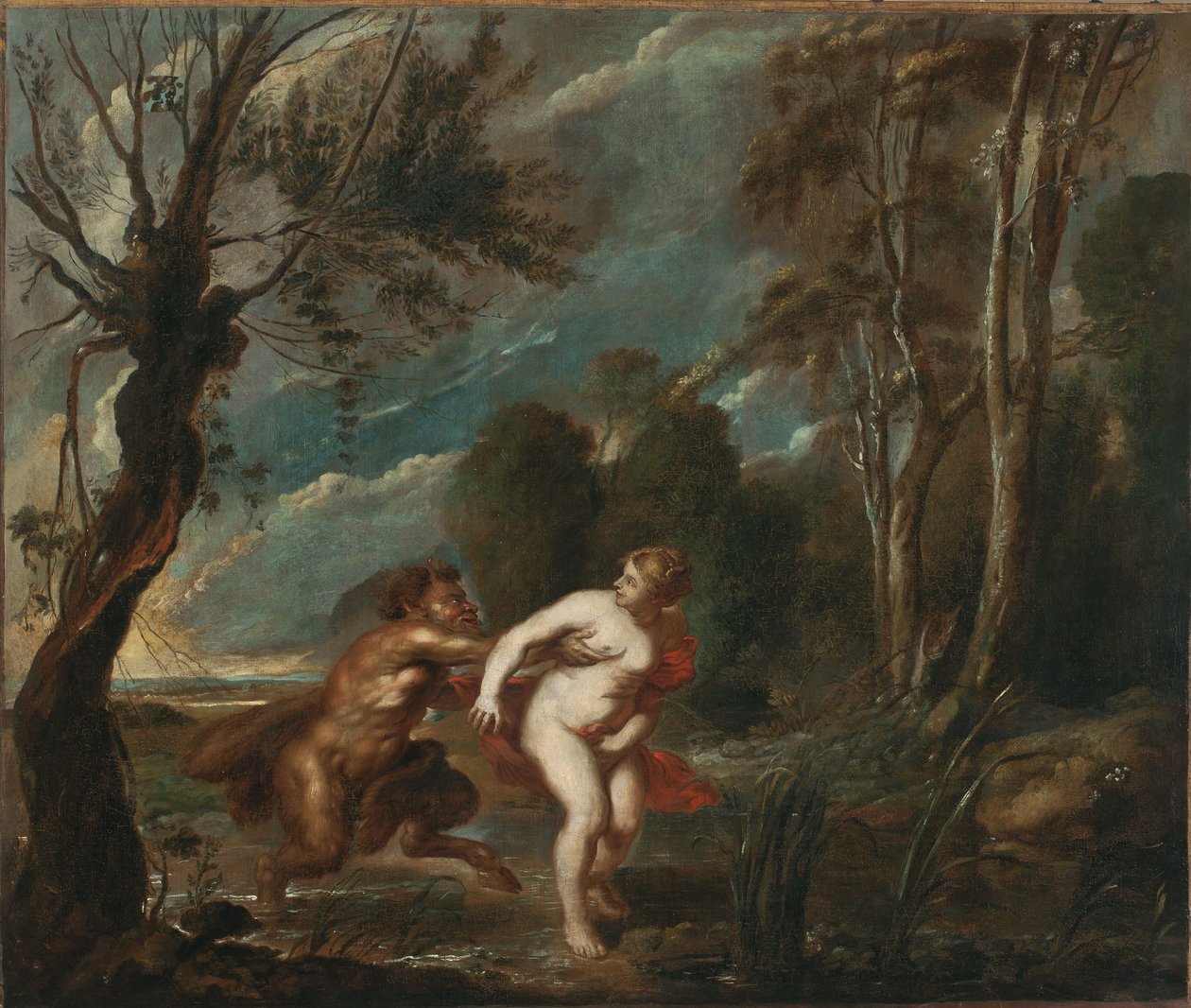 Landskab med en nymfe og en satyr af after Peter Paul Rubens