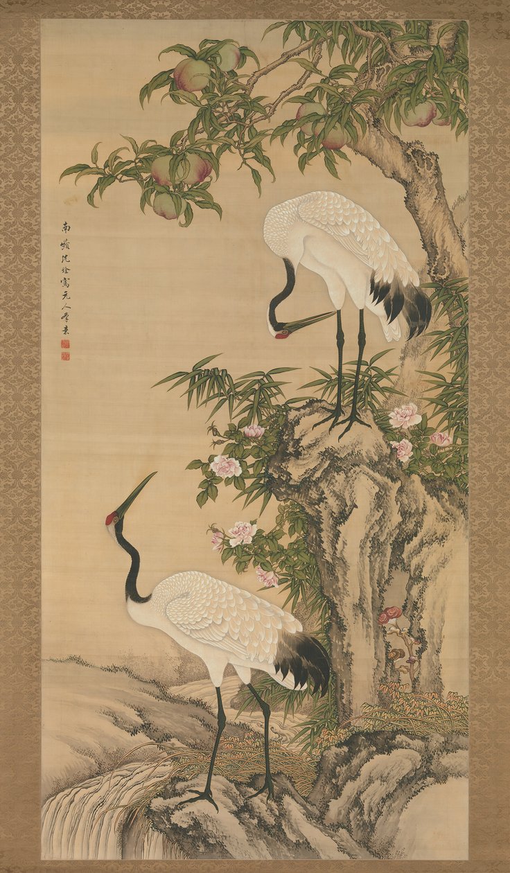 Traner, ferskentræ og kinesiske roser, begyndelsen af det 18. århundrede. af After Shen Quan