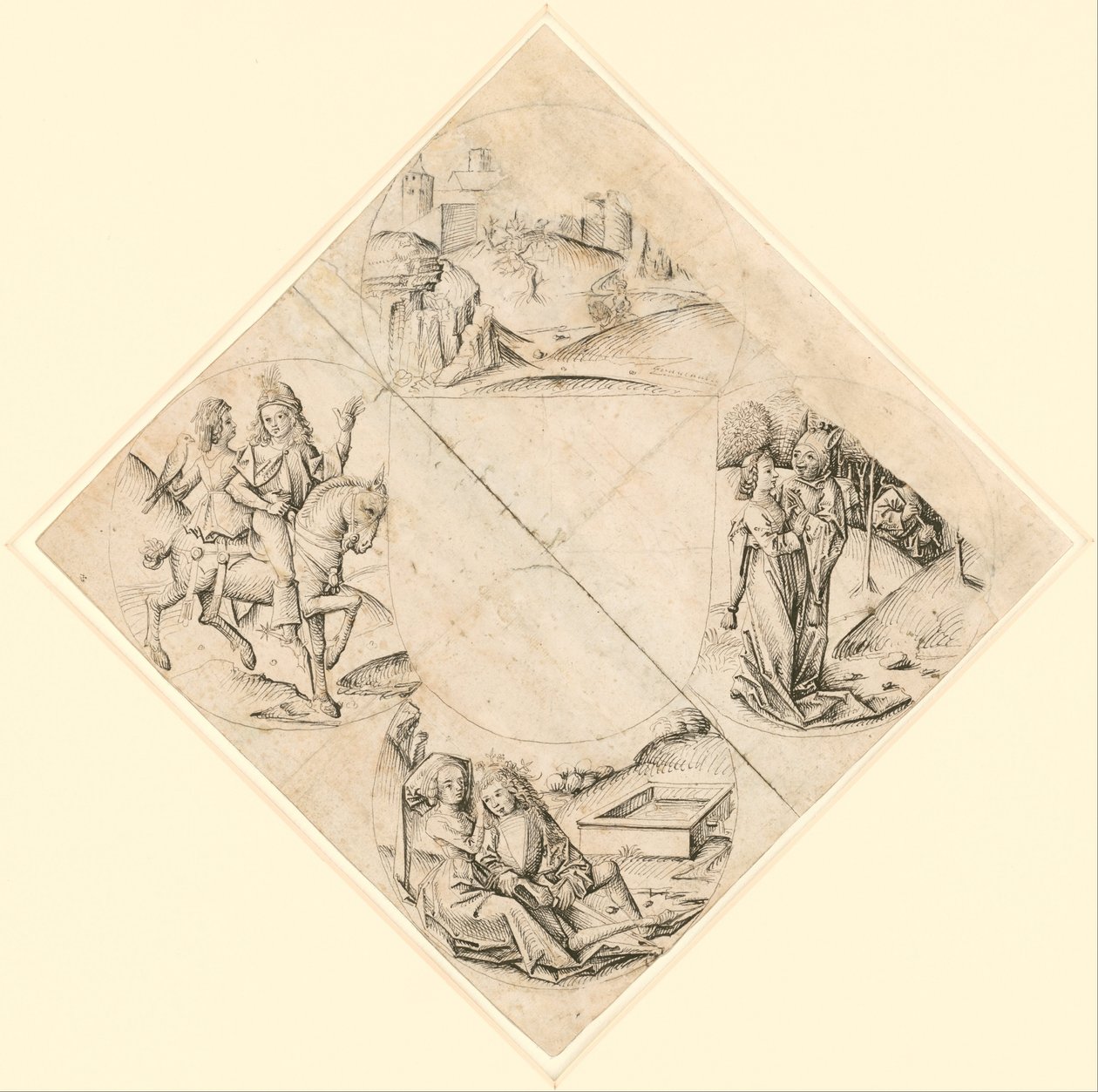 Design til en quatrefoil med et slot, to elskere, en jomfru fristet af en tåbe, et par siddende ved et trug og en ridder og hans elsker monteret på en hest af After The Master of the Housebook