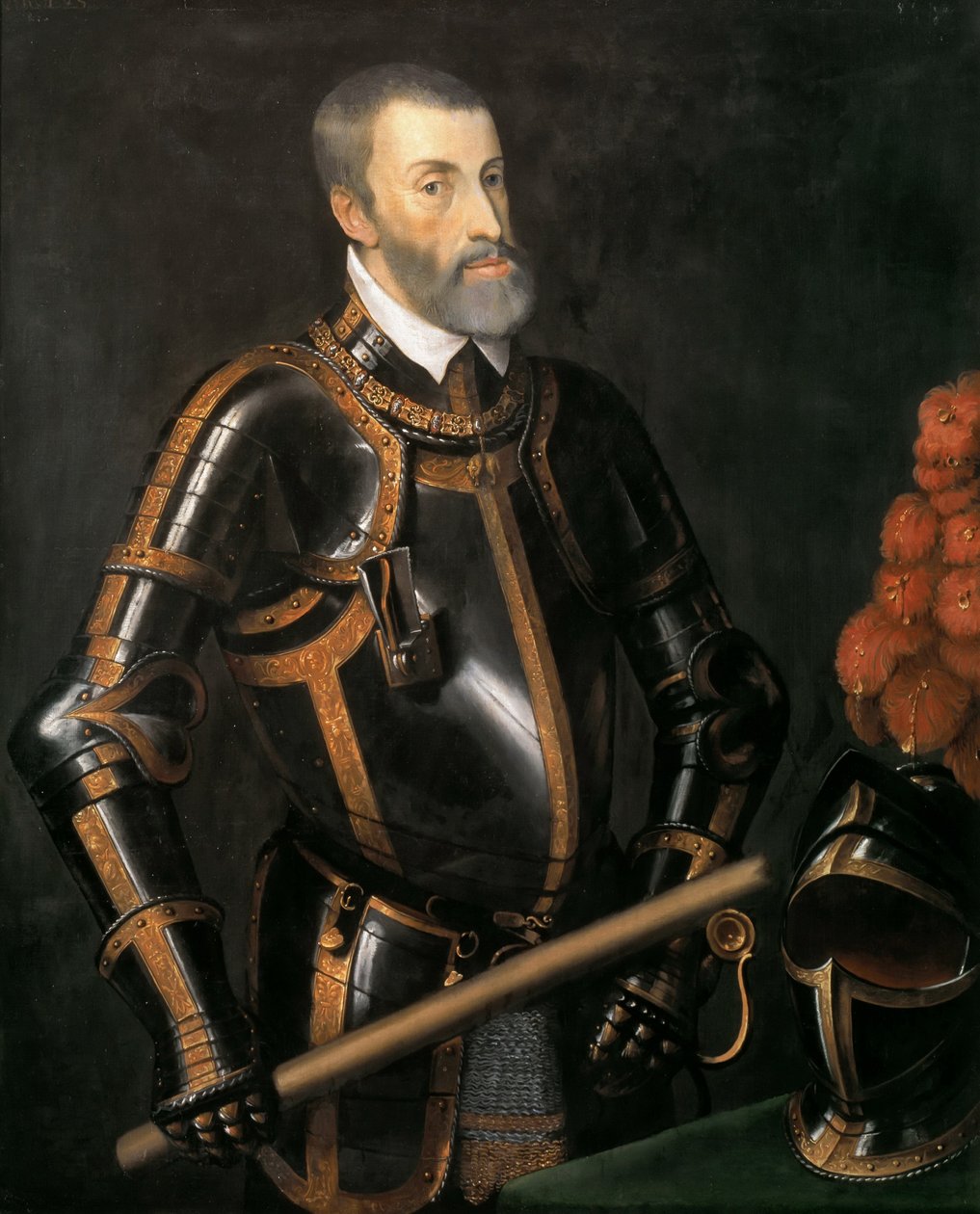 Tysk: Kejser Karl V (1500-1558) i rustning, halvfigursportræt af kejser Karl V i rustning af after Titian