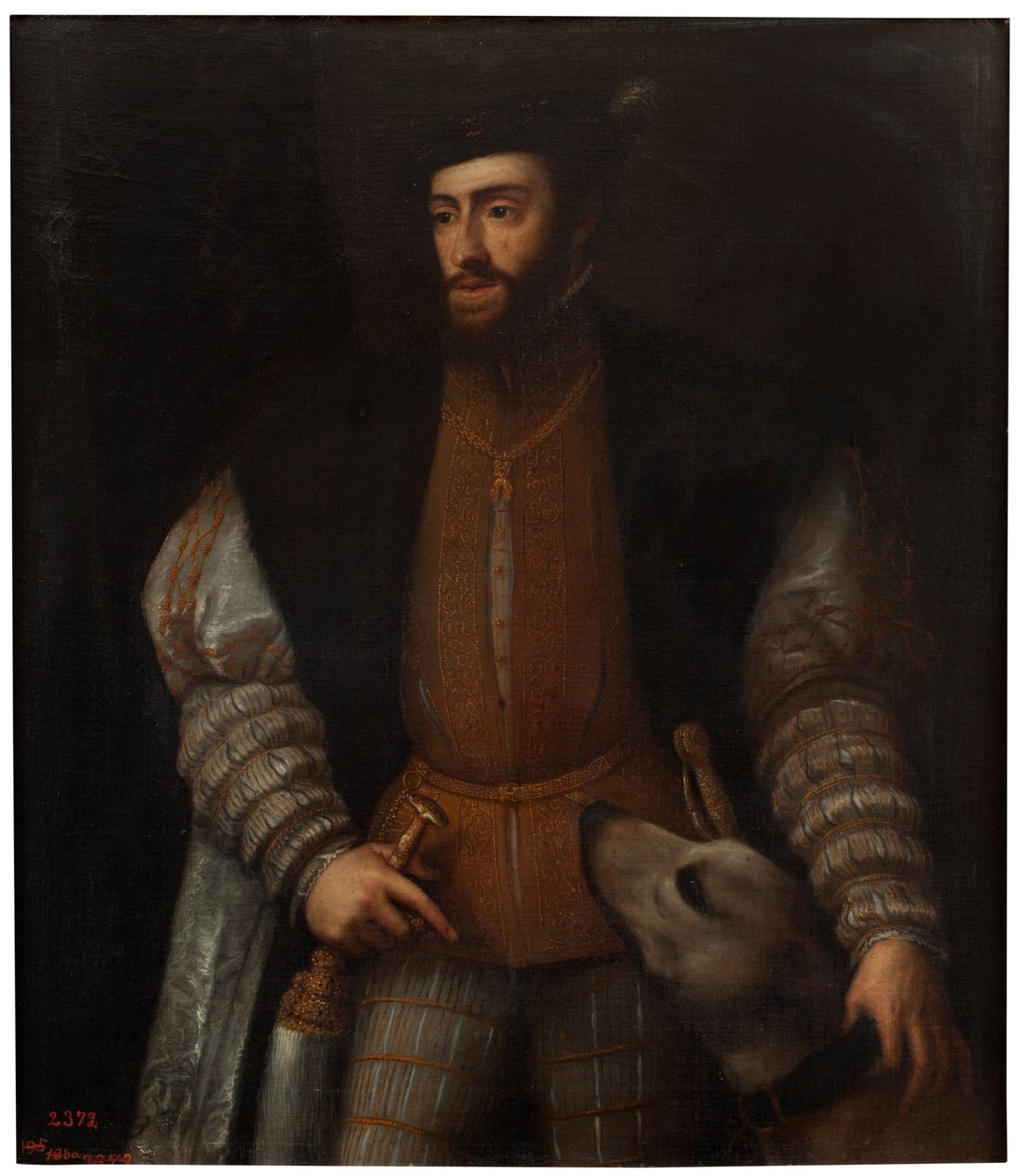Spansk:  El emperador Carlos V con un perro Kejser Karl V med en hund af after Titian