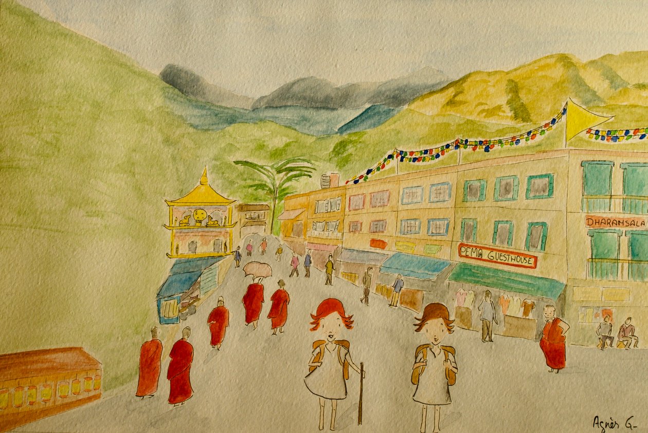 The Voyage, Dharamsala, 2015, akvarel på papir af Agnes Girardon