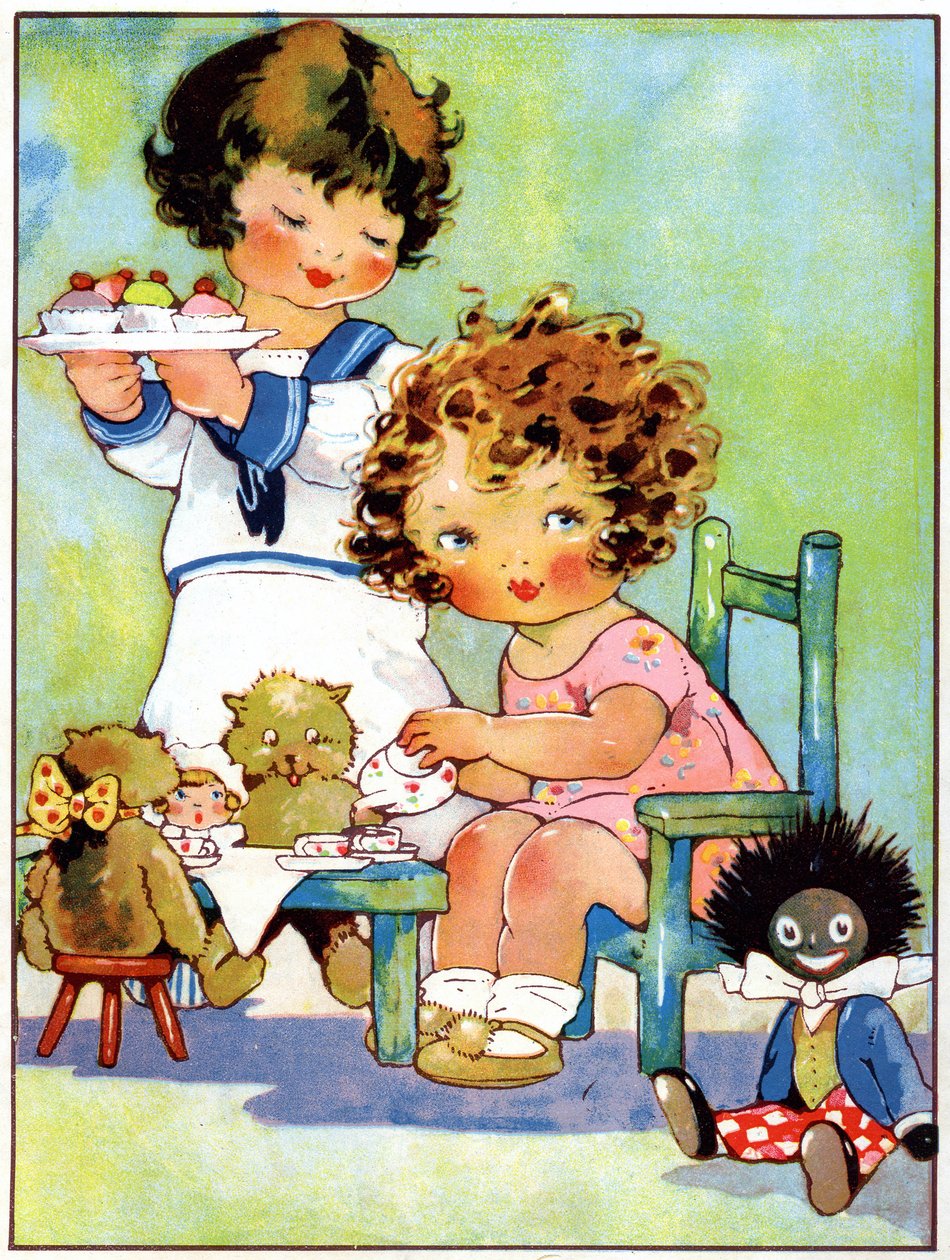 Små piger, der spiller dinette, ca. 1920 (illustration af Agnes Richardson