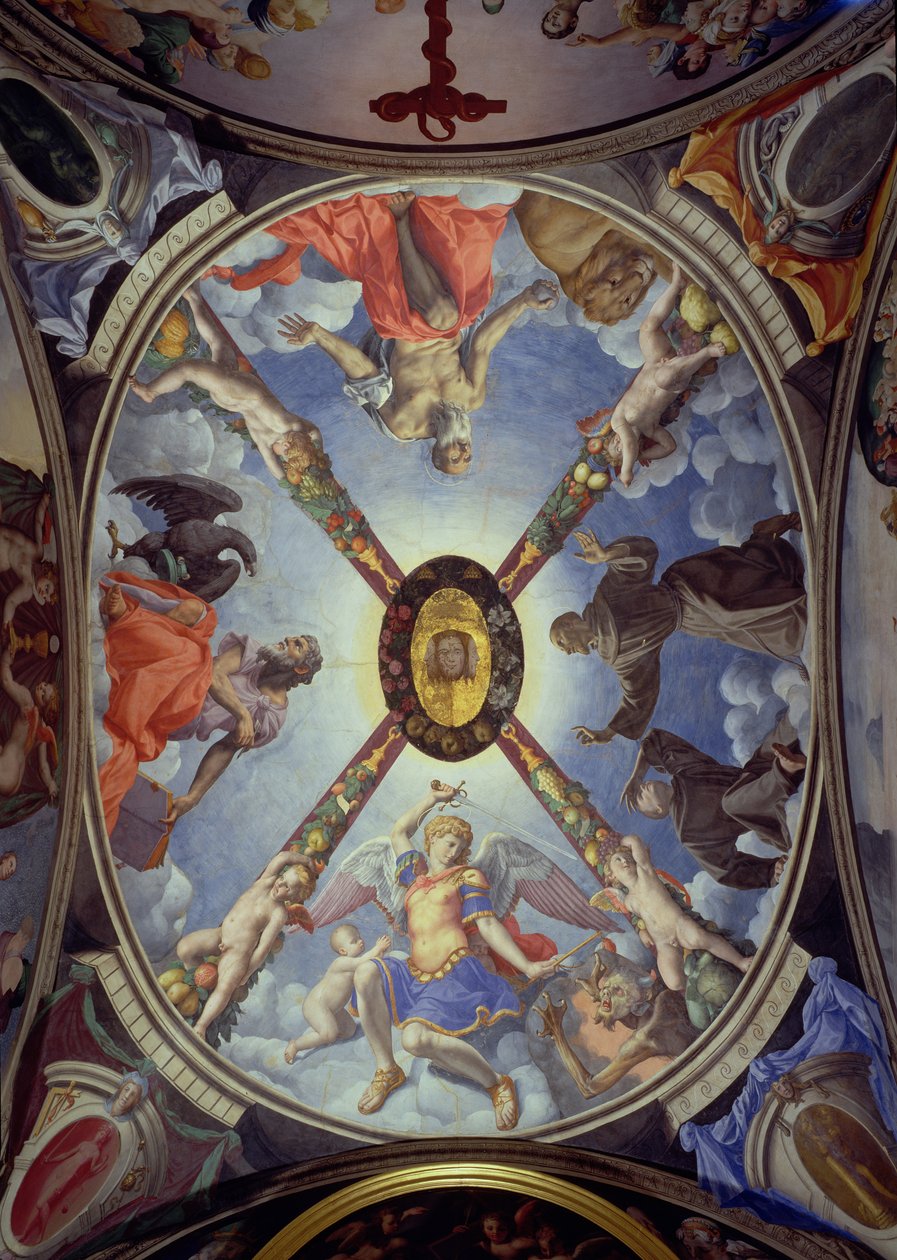 Loftet i Eleonora-kapellet i Toledo, der viser Skt. Michael Ærkeengel, der erobrer Satan; Johannes evangelisten; Sankt Jerome; og St. Francis modtog stigmata, 1555 af Agnolo Bronzino