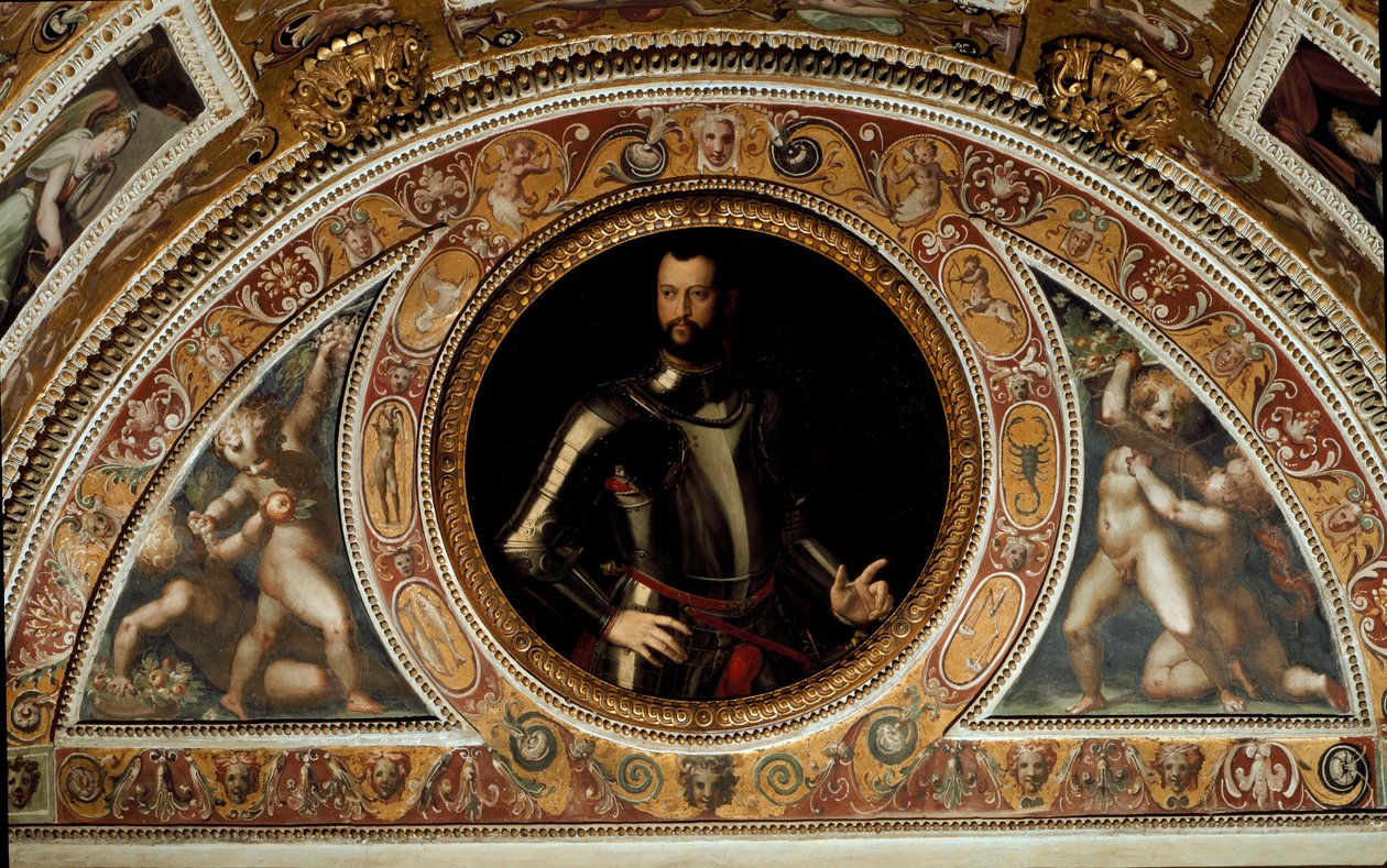 Portræt af Cosimo I de Medici, storhertug af Toscana og far til Francesco I (maleri på skifer af Agnolo (after) Bronzino