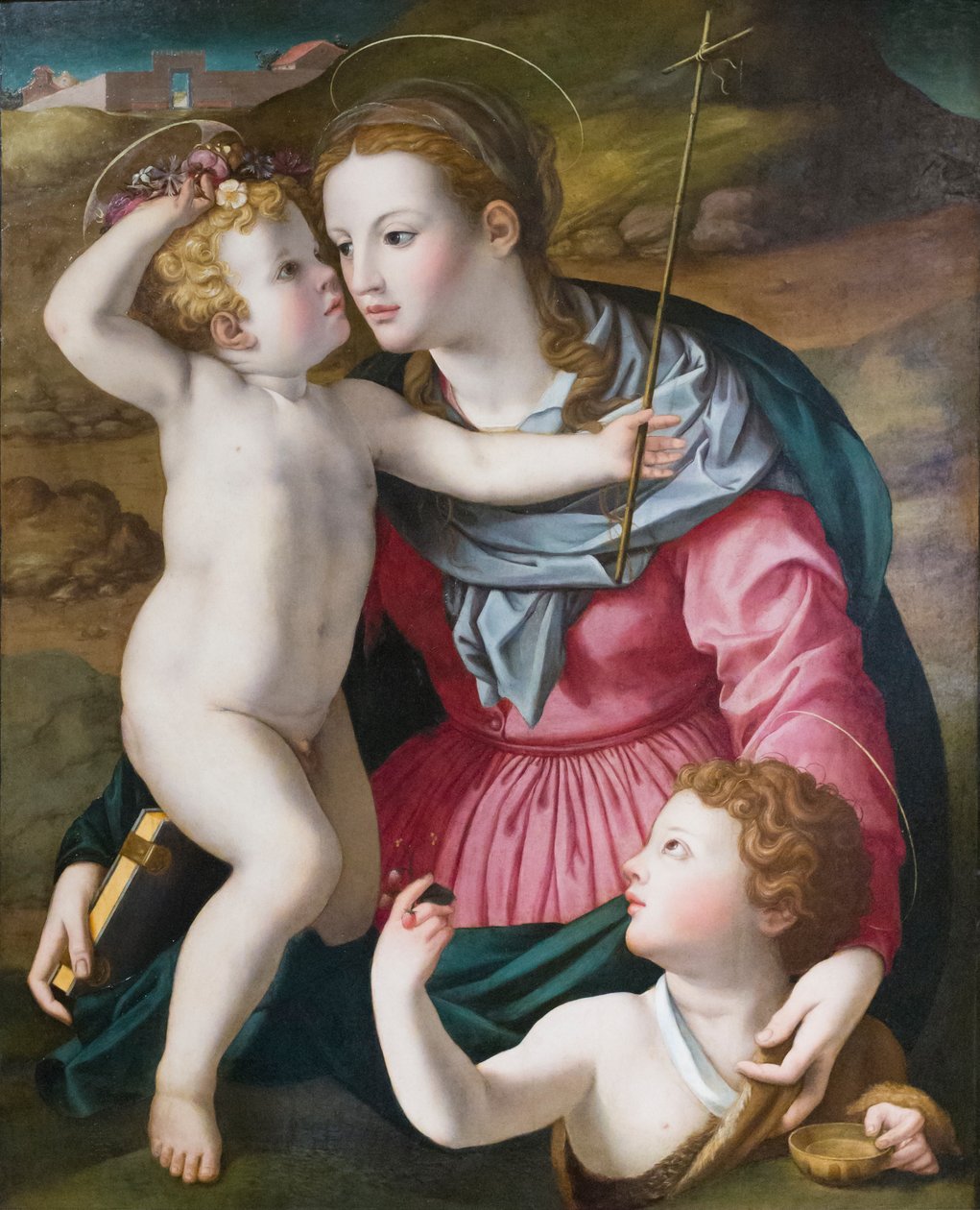 Madonna og barnet med Johannes Døberen af Agnolo (circle of) Bronzino