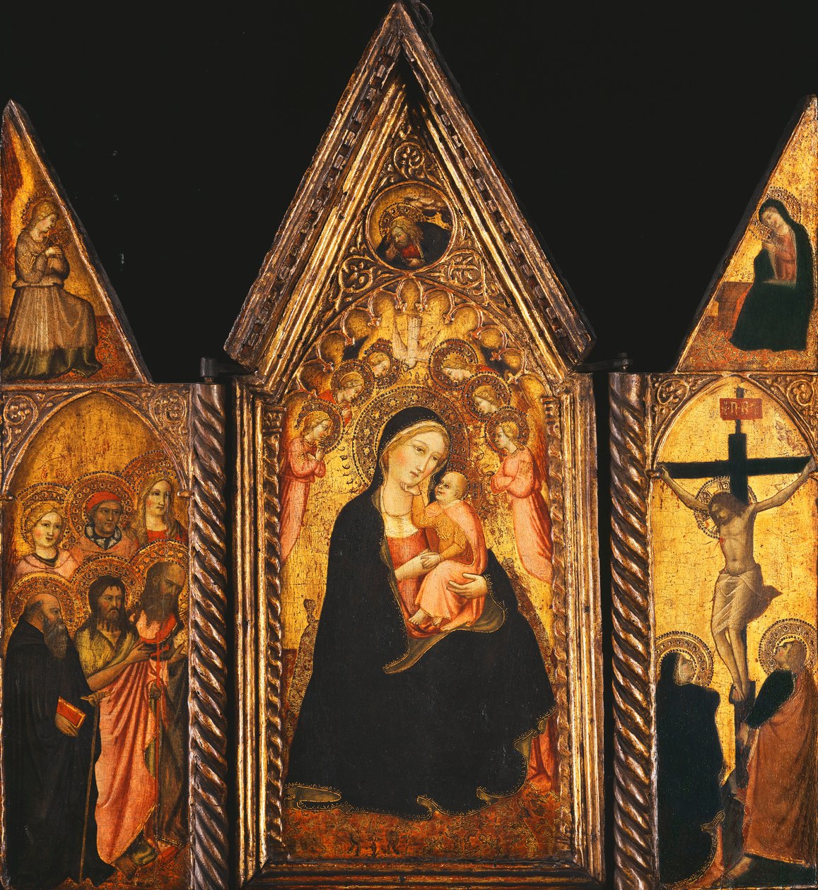 En bærbar triptykon med madonnaen og barnet tronet med engle, af Agnolo Gaddi