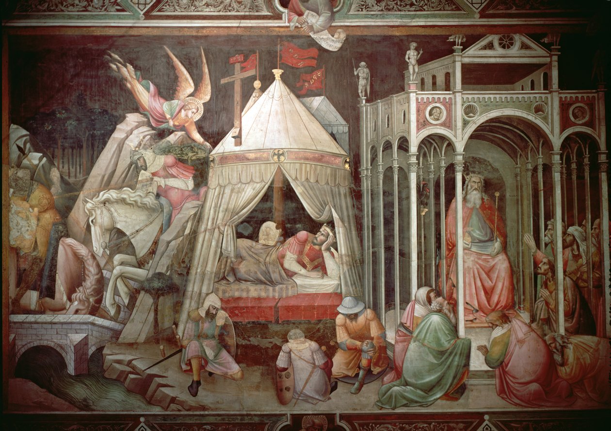 Cosroe bruger korsets magt til at påkalde tilbedelsen fra sit folk og Heraclius Dream og hans sejr over Cosroe, ca. 1380 af Agnolo Gaddi