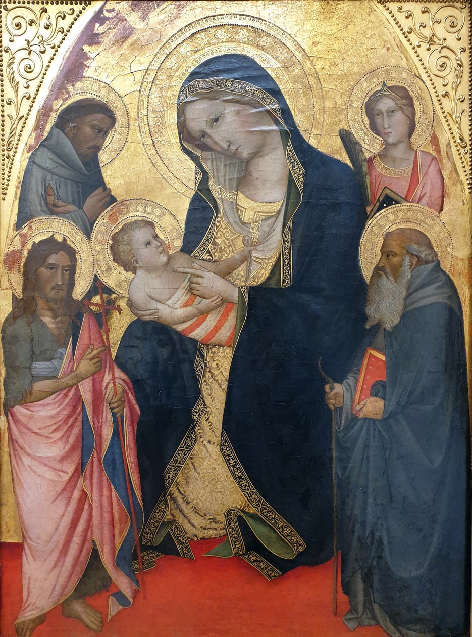 Tysk: Maria mit dem Kind und den Heiligen Johannes der Täufer, Franziskus, Antonius Abbas und einer weiblichen Märtyrerin Madonna med barnet, Johannes Døberen, Frans og Antonius og en martyr af Agnolo Gaddi