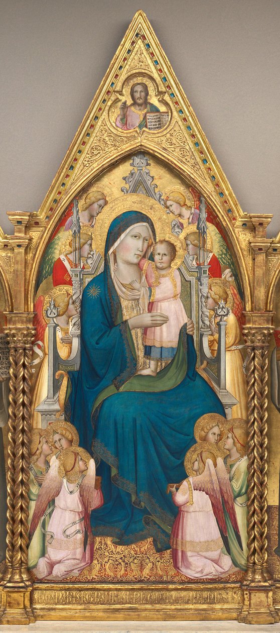 Madonna og barn på tronen med tolv engle og med velsignelsen Kristus [midterste panel] af Agnolo Gaddi