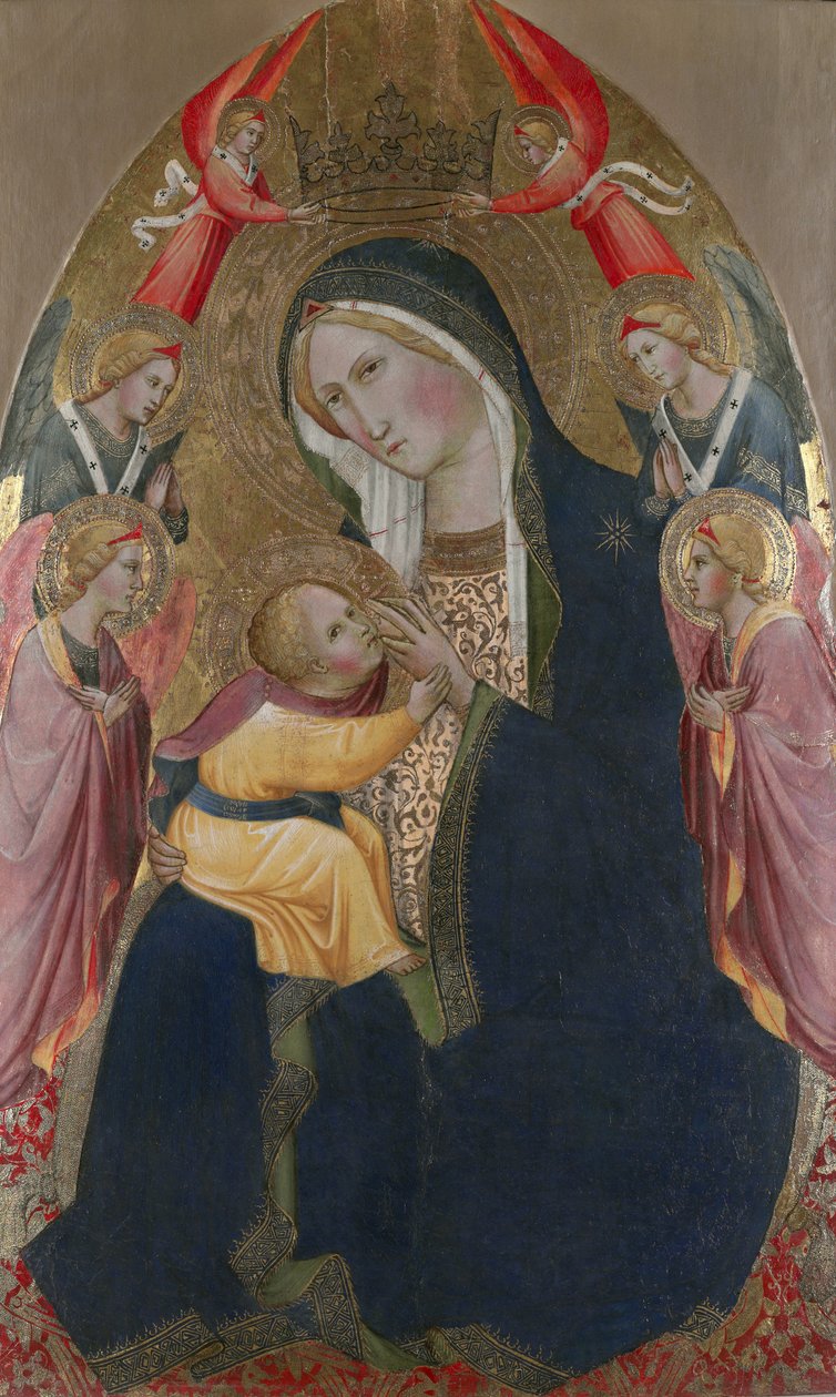 Ydmyghedens Madonna med tilbedende engle (tempera og bladguld på panel) af Agnolo Gaddi