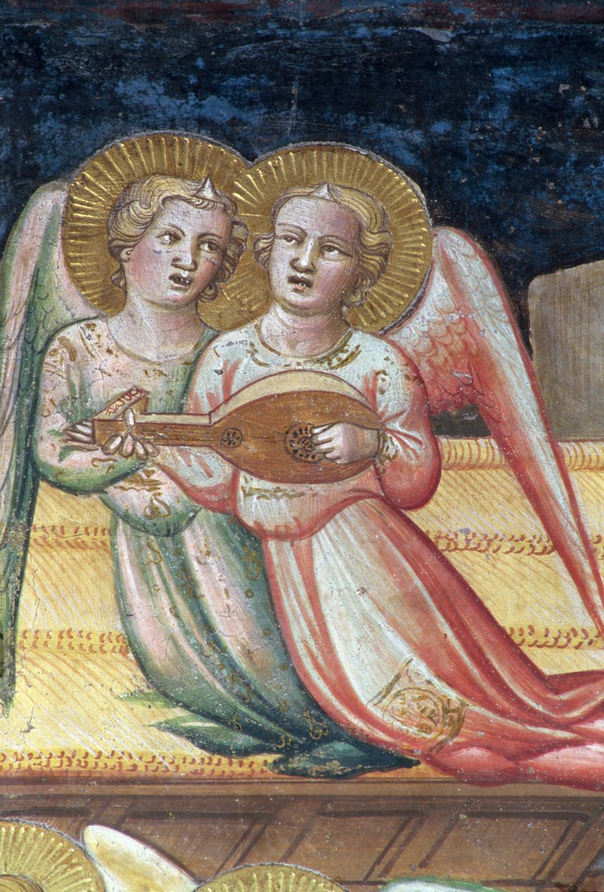 To musikalske engle, en detalje fra Jomfruens liv og den hellige bælte, fra kapellet i den hellige bælte, 1392-95 af Agnolo Gaddi