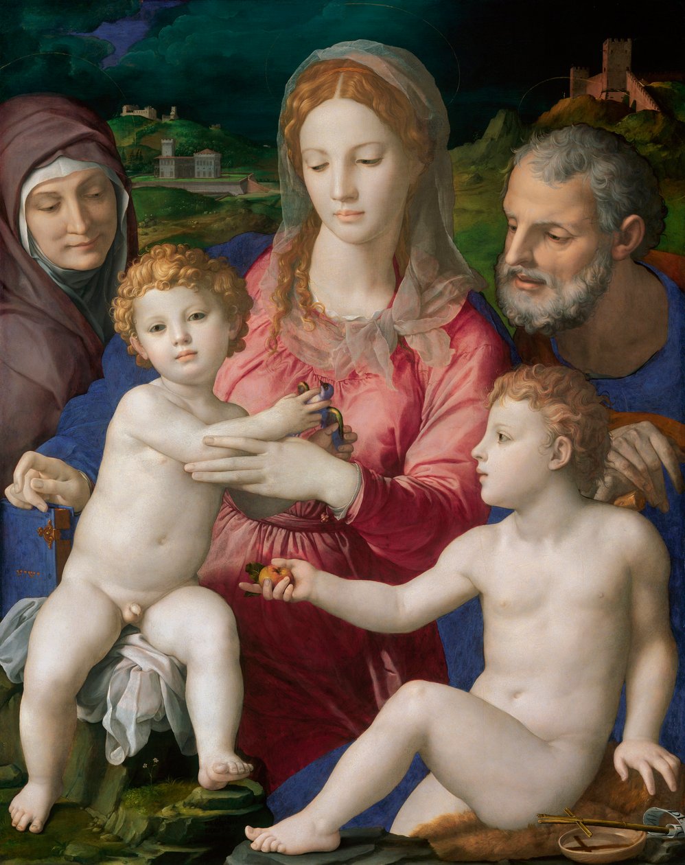 La Sainte Famille avec Sainte Anne et Saint Jean Baptiste - Den hellige familie med de hellige Anne og Johannes Døberen - Maleri af Agnolo Bronzino (Allori Angelo di Cosimo dit Bronzino af Agnolo Bronzino