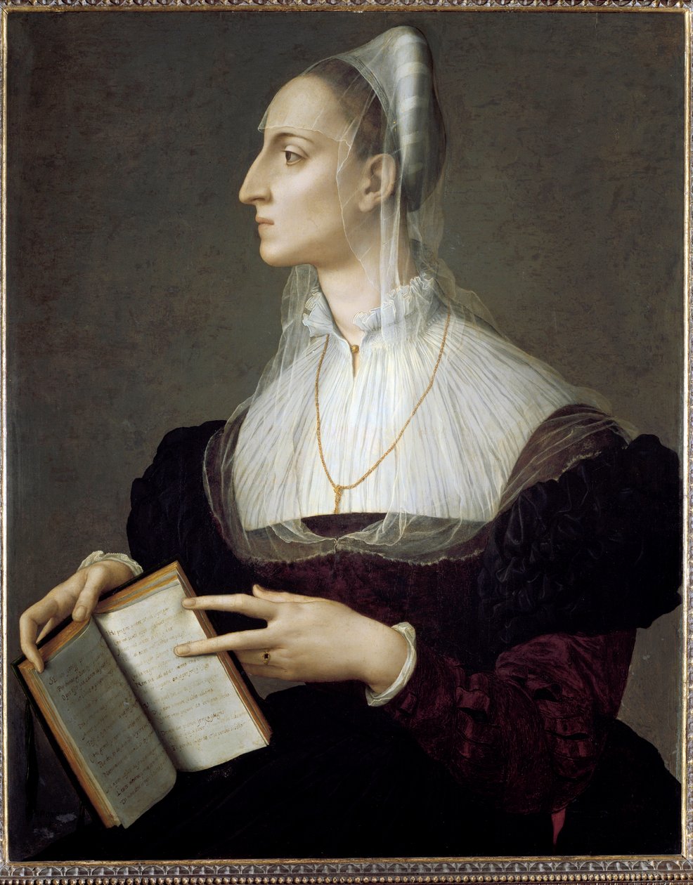 Portræt af den italienske digterinde Laura Battiferri, der læser Petrarkas sonetter (olie på panel) af Agnolo Bronzino