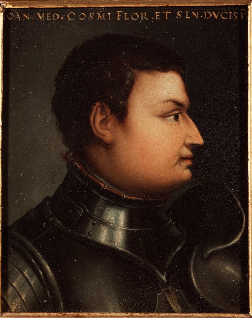 Portræt af Jean de Medici dit Jean des Bands Noires (Giovanni dalle Bande Nere) (1421-1463) condottiere (italiensk condottiero) Maleri af Allori Angelo di Cosimo dit Bronzino (1503-1572) 1500-tallet Sun 15x12 cm Palace Medici-Ric Card Riccardi) F. af Agnolo Bronzino