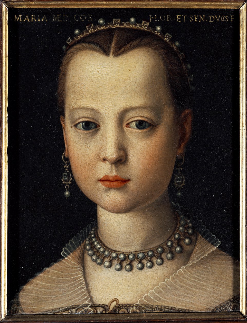 Portræt af Maria af Medici (1540-1557) datter af Cosimo I af Toscana (Cosimo I de Medici) (1519-1574) (Portræt af Maria de Medici, datter af Cosimo I de Medici, storhertug af Toscana) Maleri af Bronzino (Agnolo) af Cosimo) (1503-1572) 1551 Dim 15x12 c af Agnolo Bronzino