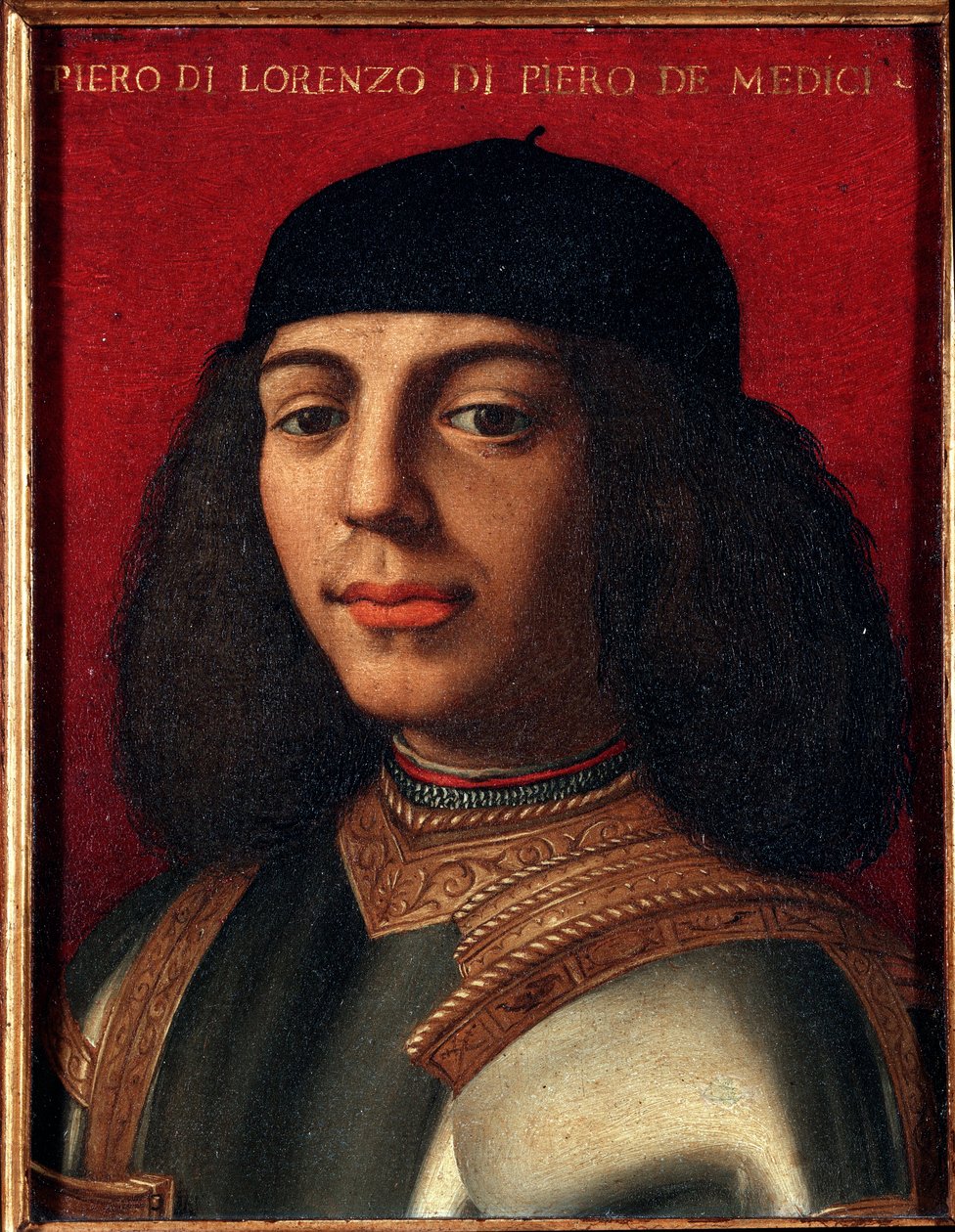 Portræt af Peter II af Medici (1472-1503) (Piero di Lorenzo de Medici eller Piero den Uheldige) italiensk politiker og militær, søn af Laurent det storslåede maleri af Agnolo Allori kaldet Bronzino (1503-1572), olie på kobber Dim 15x12 cm Palazzo M af Agnolo Bronzino